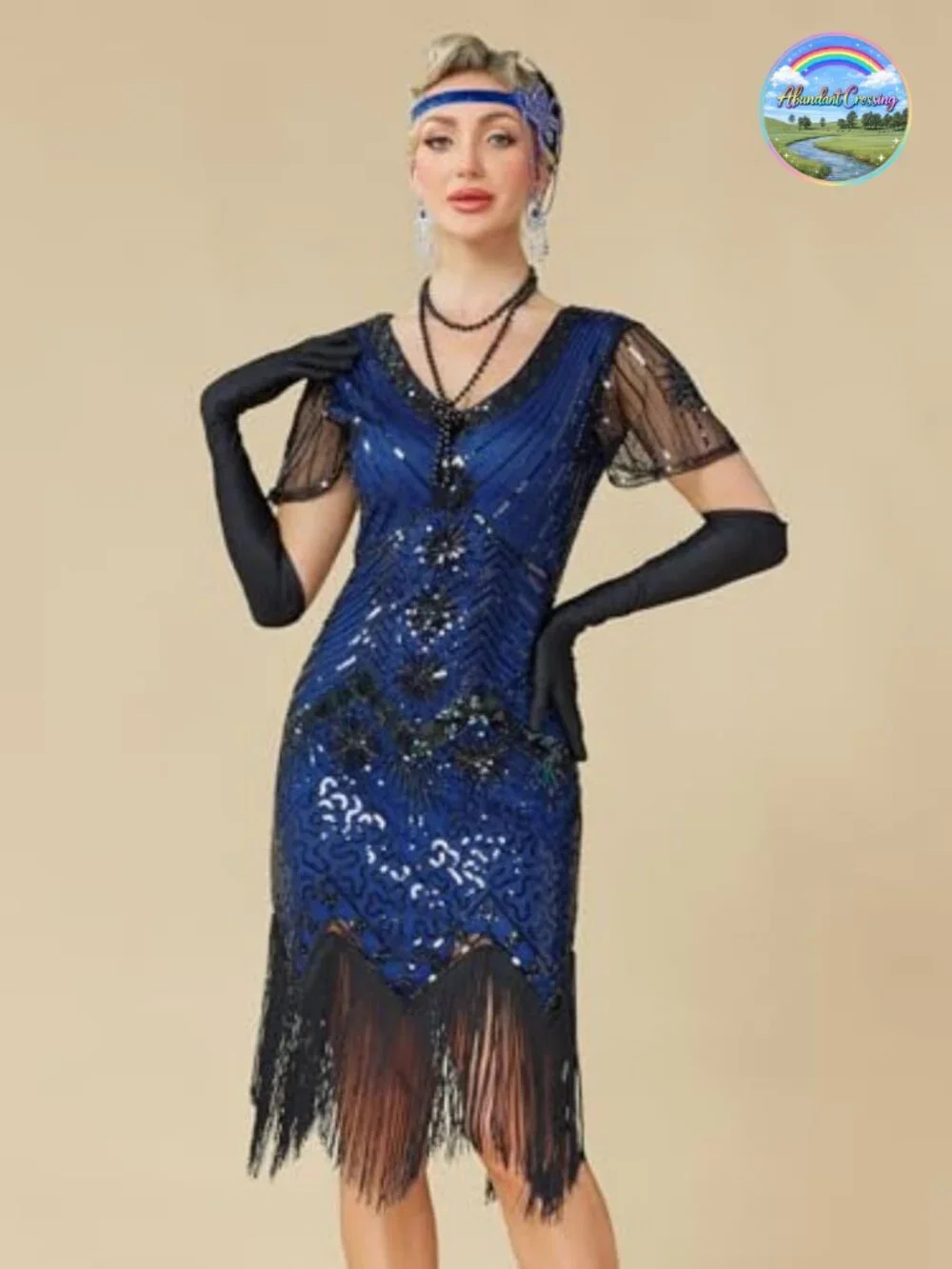 1920s Flapper Dress Sequin Beaded Mesh Sleeve V-Neck Gatsby Costume Set